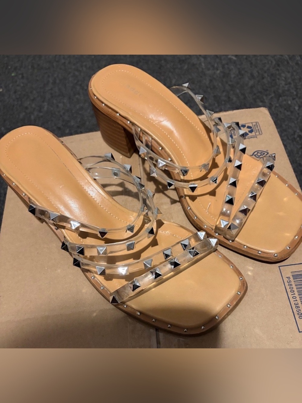 Madden Girl Tan Clear Studded Block Heel Sandals